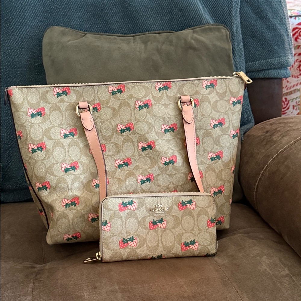 Coach Beige Tote with Pink and Red Strawberry Pattern